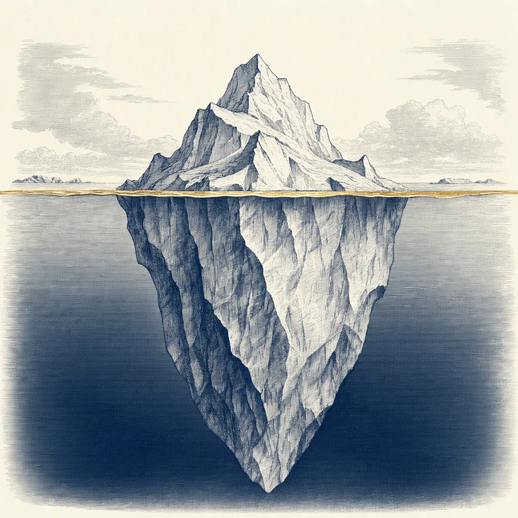 Engraved illustration of an iceberg, most of its mass below the waterline
