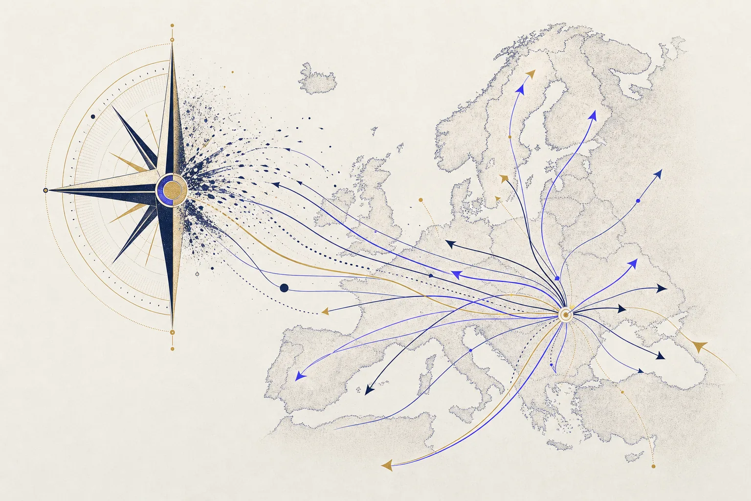 Stylised compass tracing trade routes across Europe